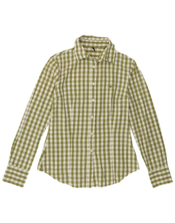 BENETTON Womens Shirt UK 12 Medium Green Gingham Cotton
