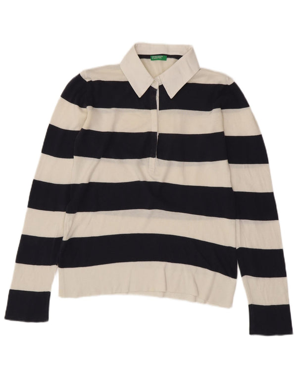 BENETTON Womens Knit Rugby Polo Shirt UK 14 Medium White Striped