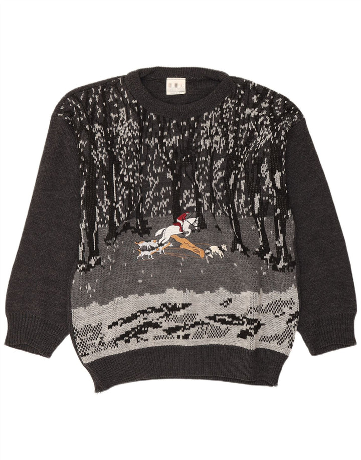 Vintage Mens Graphic Boat Neck Jumper Sweater Large Grey