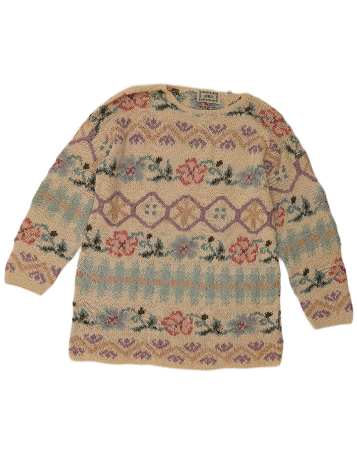 Express Womens Crew Neck Jumper Sweater UK 12 Medium Beige Floral Silk