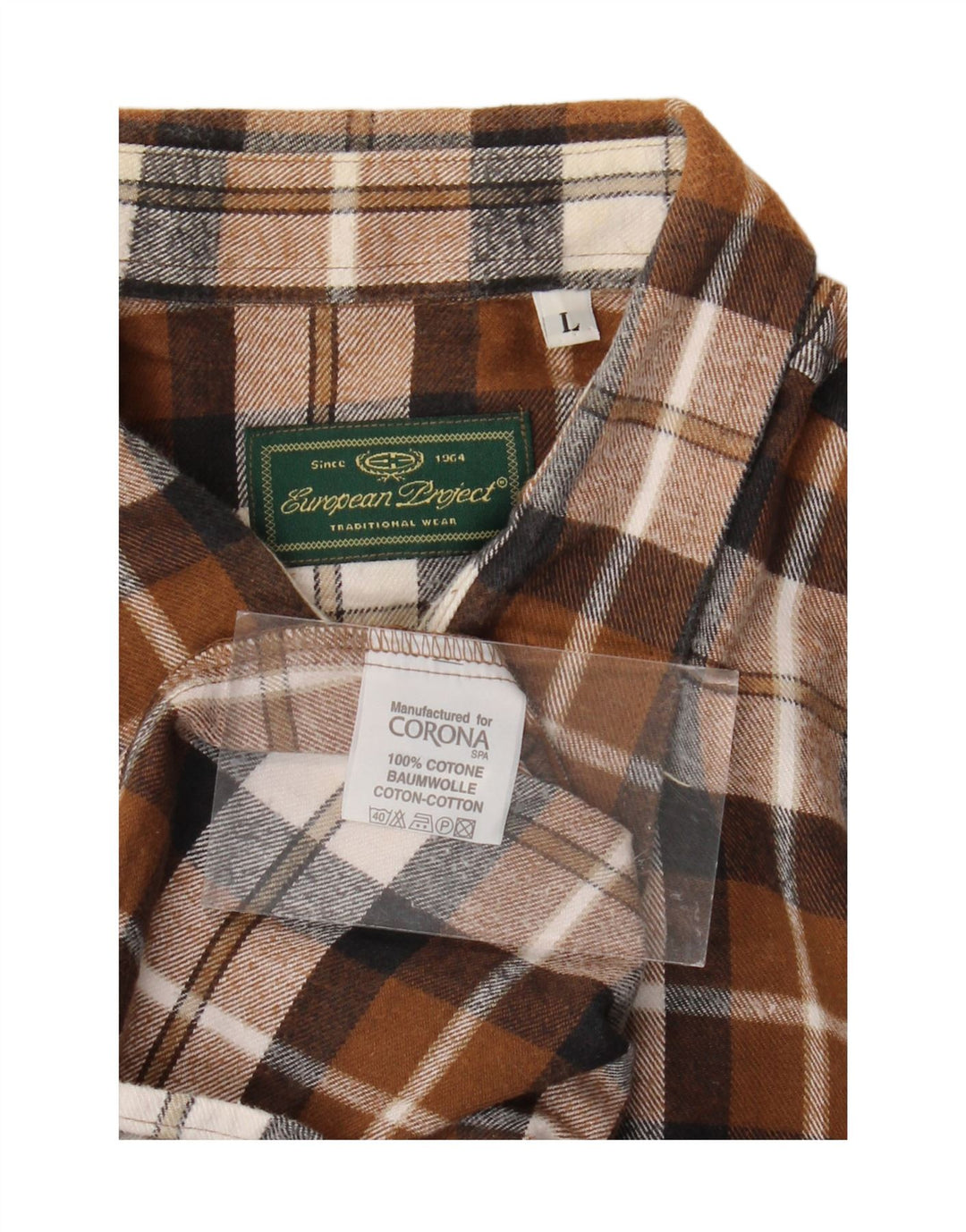 EUROPEAN PROJECT Mens Flannel Shirt Large Brown Check Cotton