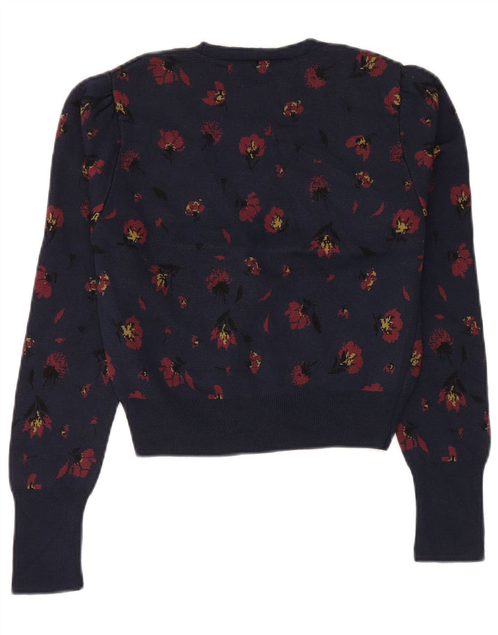 ZARA Womens Crop Cardigan Sweater UK 10 Small Navy Blue Floral Polyamide