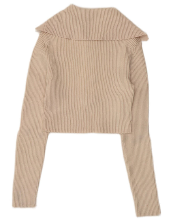 ZARA Womens Crop Polo Neck Jumper Sweater UK 12 Medium Beige Viscose