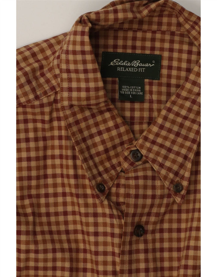 EDDIE BAUER Mens Relaxed Fit Flannel Shirt Large Brown Gingham Cotton