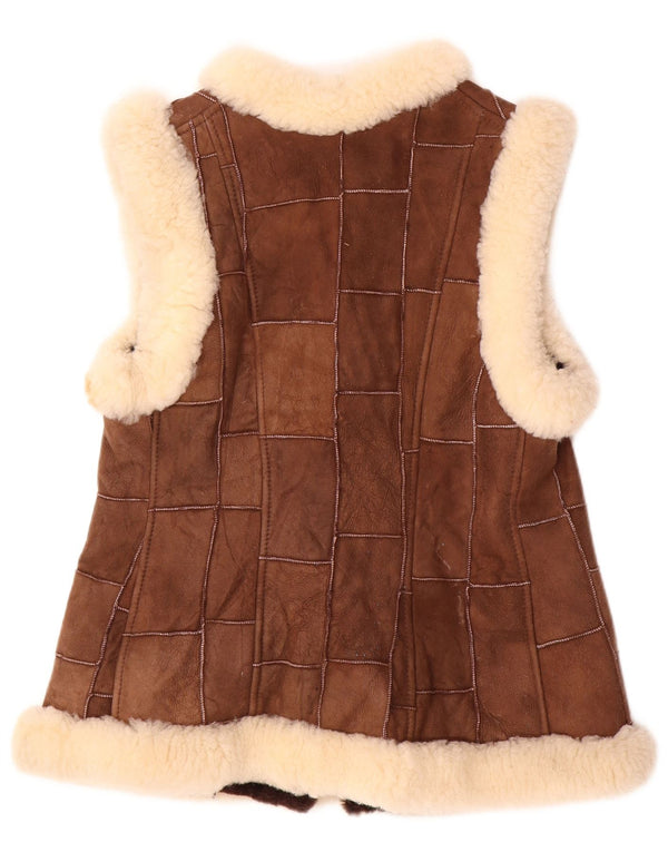 VINTAGE Womens Shearling Gilet EU 36 Small Brown Patchwork Leather