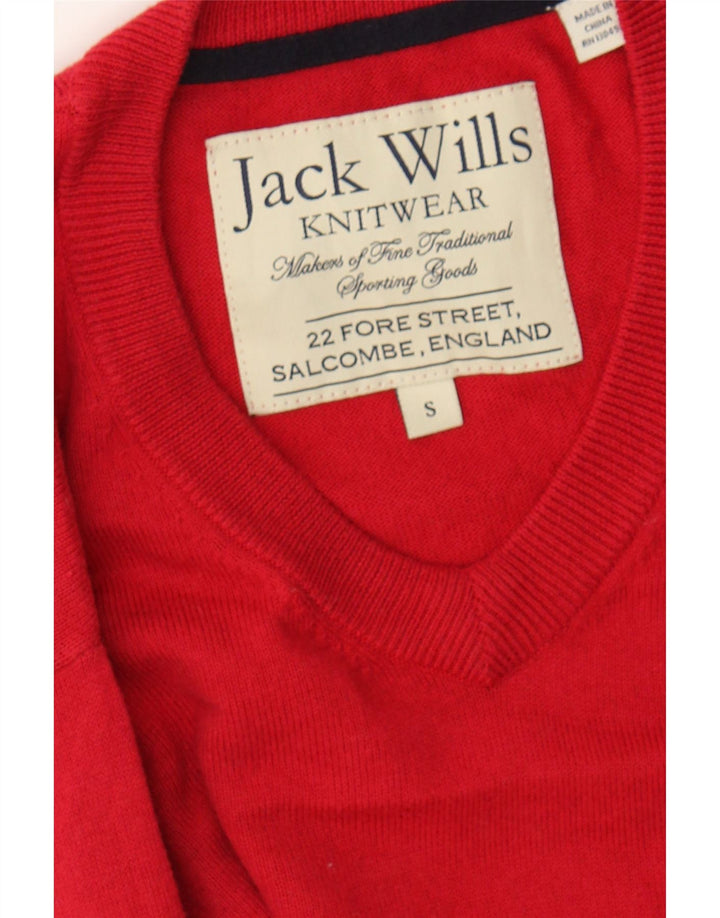 JACK WILLS Mens V-Neck Jumper Sweater Small Red Cotton Vintage Jack Wills and Second-Hand Jack Wills from Messina Hembry 