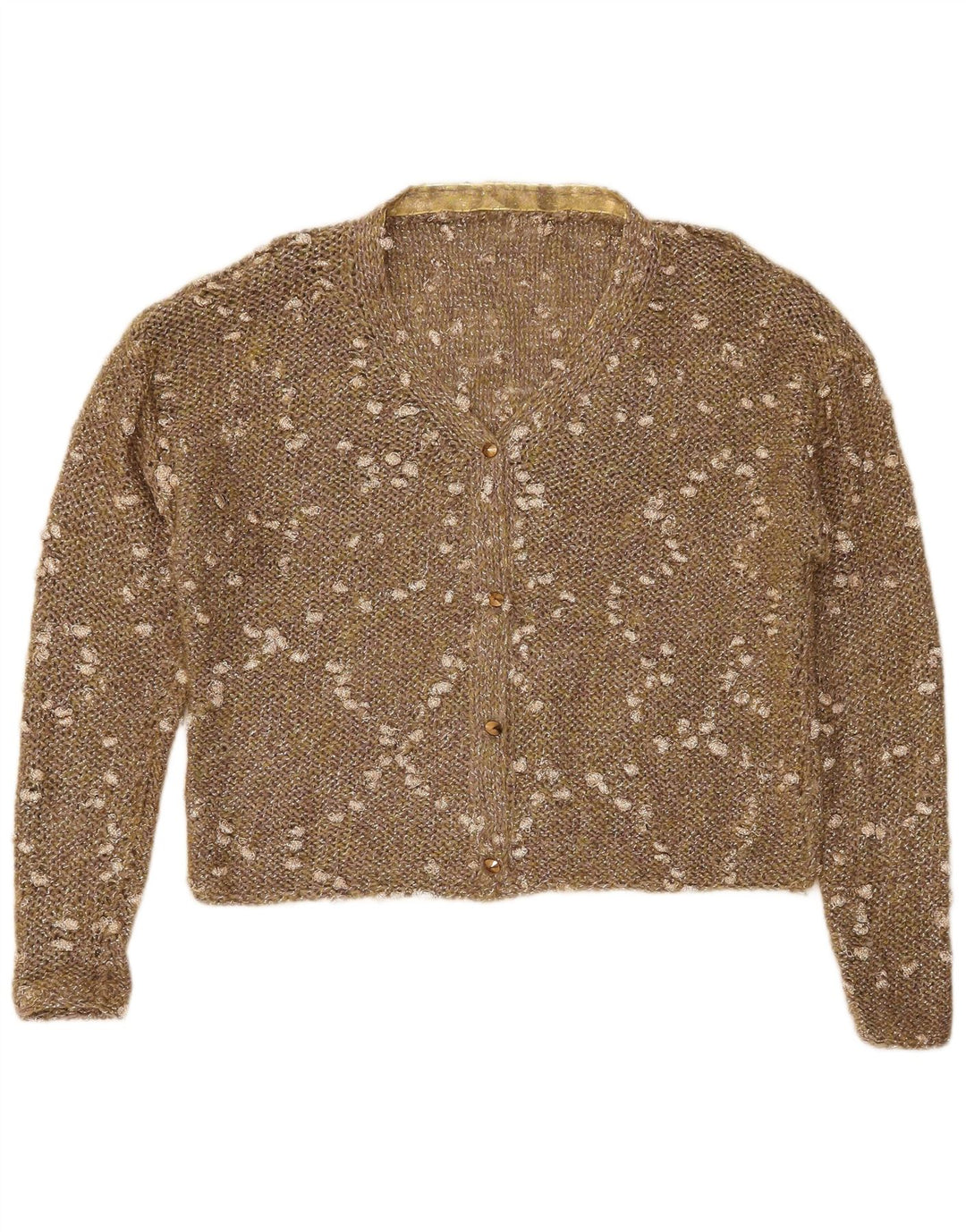 VINTAGE Womens Crop Crochet Cardigan Sweater UK 16 Large Brown Flecked