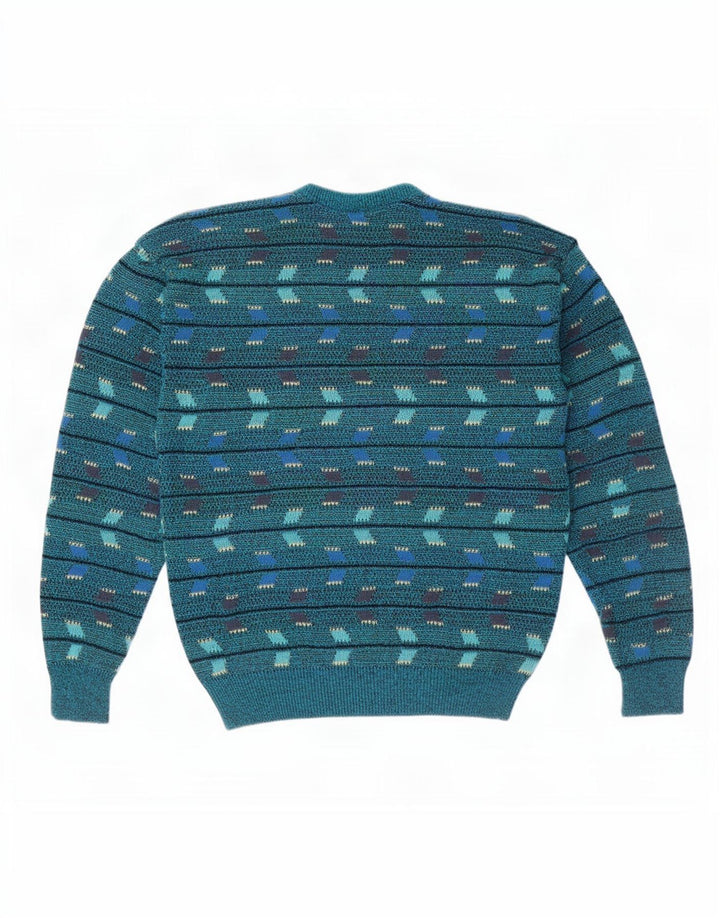 Vintage Mens Crew Neck Jumper Sweater Medium Blue Geometric