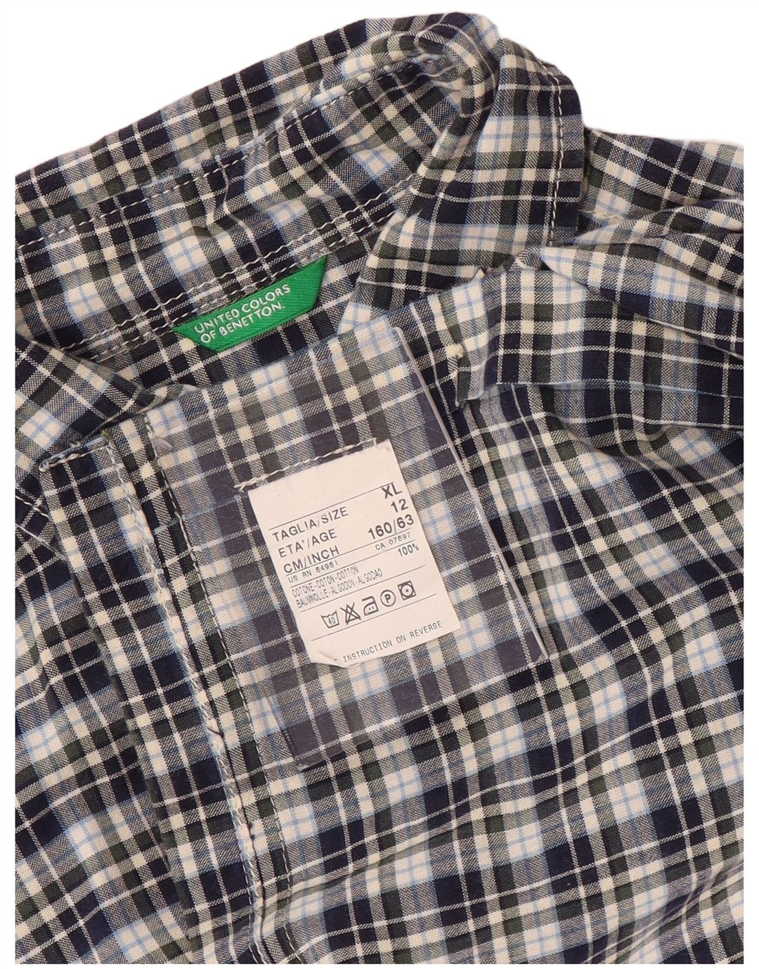 BENETTON Boys Short Sleeve Shirt 11-12 Years XL Navy Blue Check Cotton