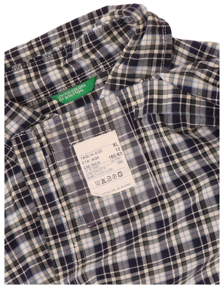 BENETTON Boys Short Sleeve Shirt 11-12 Years XL Navy Blue Check Cotton