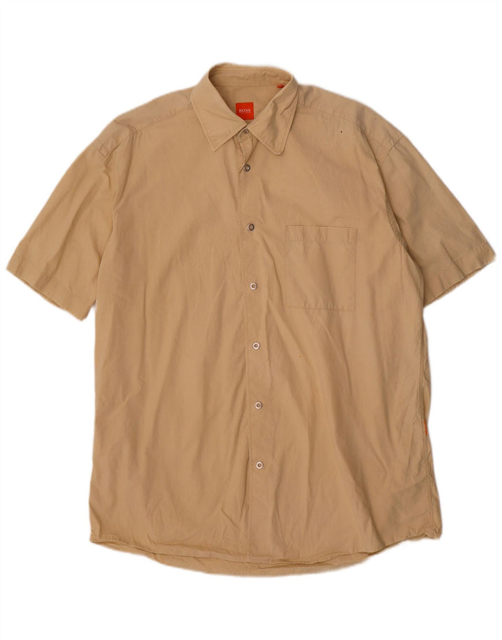 Hugo Boss Mens Short Sleeve Shirt Medium Beige Cotton