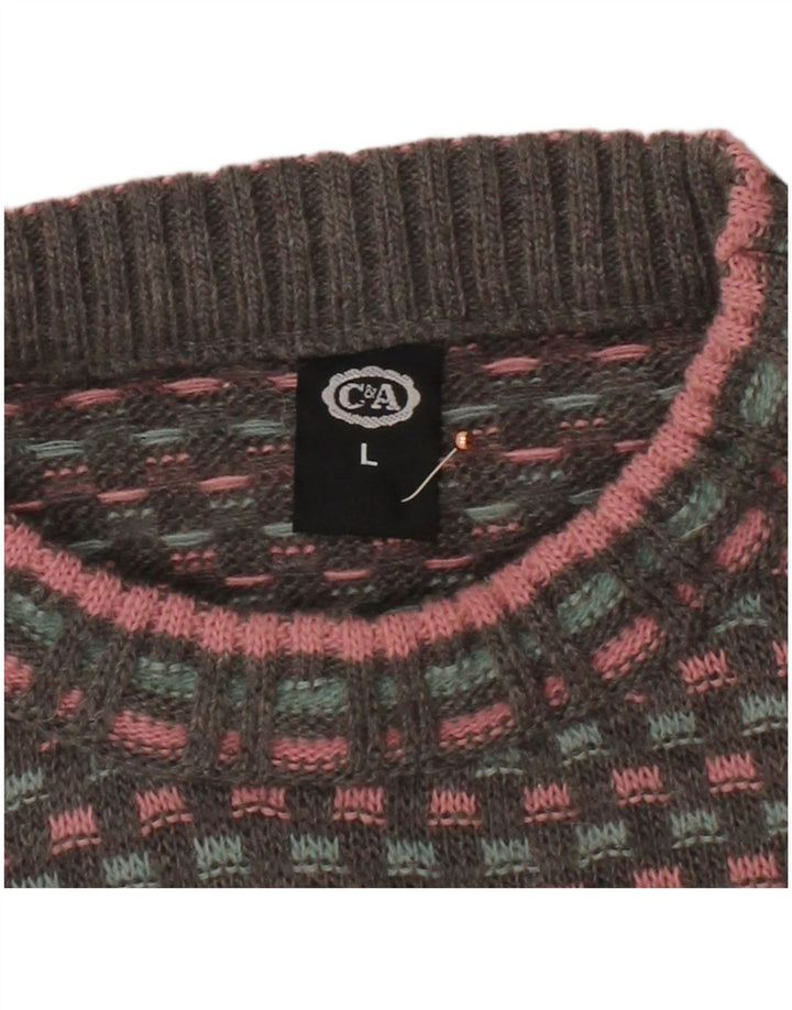 C&A Mens Crew Neck Jumper Sweater Large Grey Argyle/Diamond Acrylic
