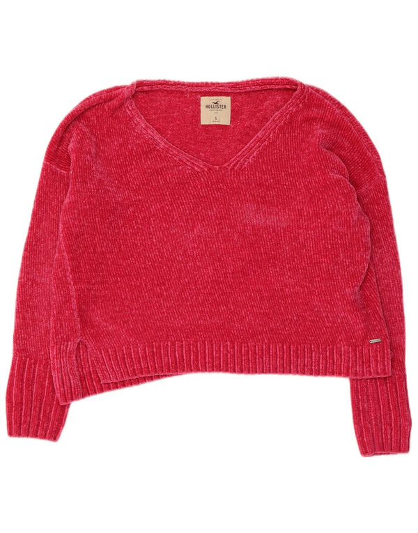 HOLLISTER Womens Velour Oversized V-Neck Jumper Sweater UK 10 Small Pink