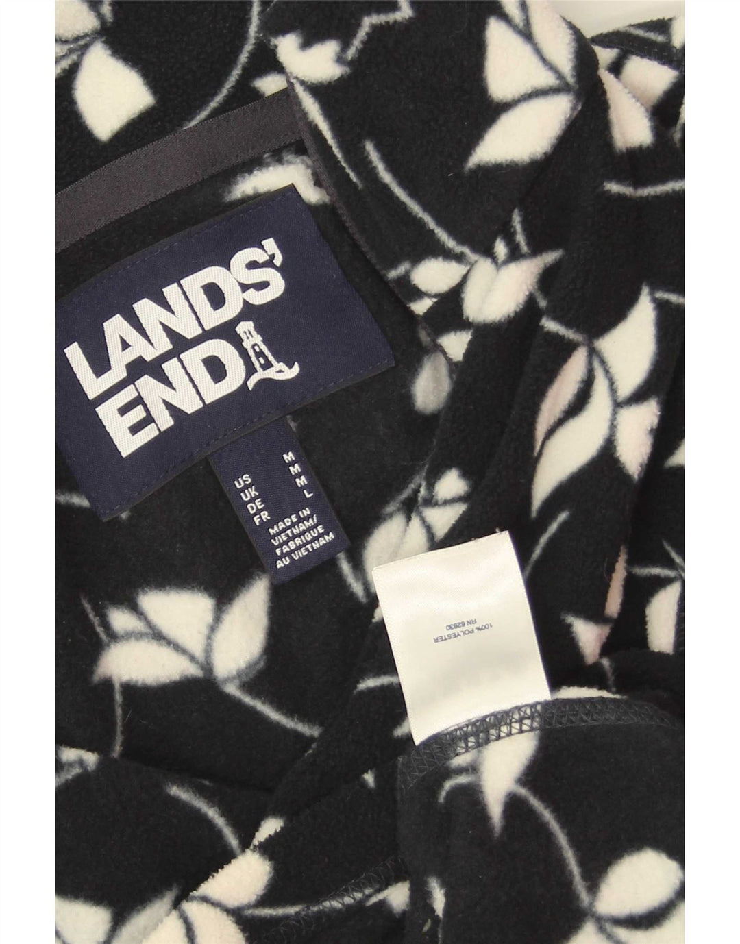 Lands End Womens Fleece Jacket UK 14 Medium Navy Blue Floral Polyester