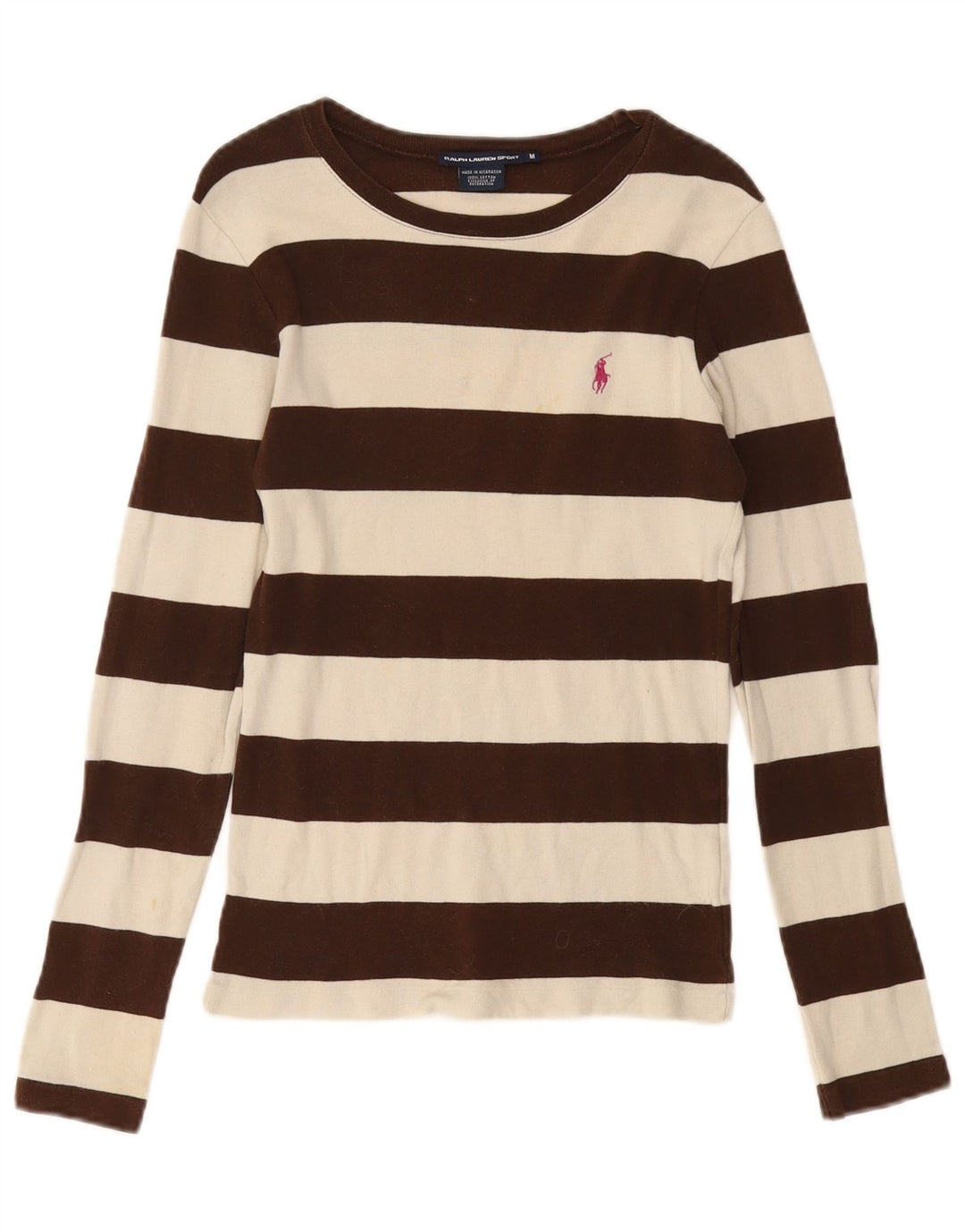 RALPH LAUREN Womens Top Long Sleeve UK 14 Medium Brown Striped Cotton