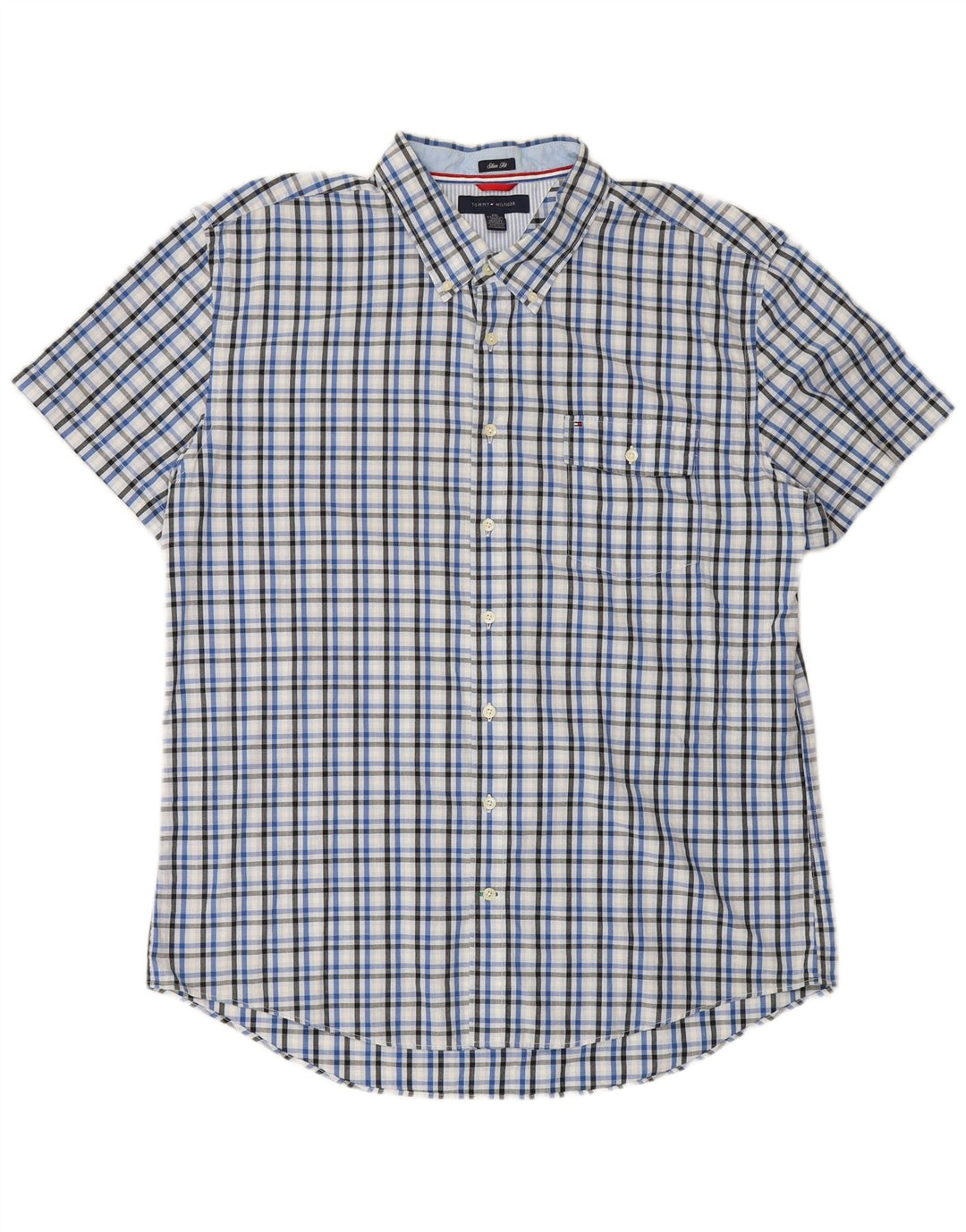 TOMMY HILFIGER Mens Short Sleeve Slim Fit Shirt 2XL Blue Check Cotton