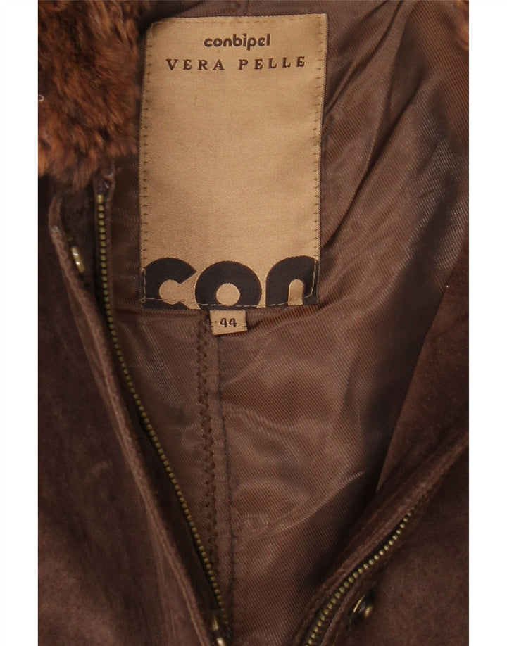 Conbipel Womens Hooded Suede Windbreaker Jacket UK 14 Medium Brown Leather