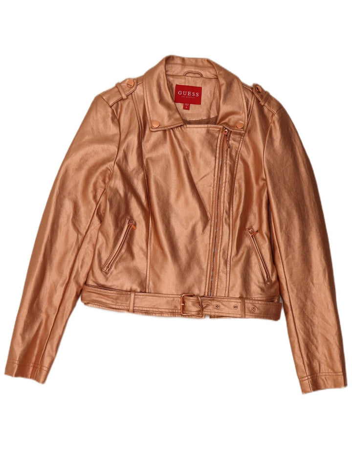 GUESS Womens Crop Faux Leather Biker Jacket UK 12 Medium Gold Polyurethane