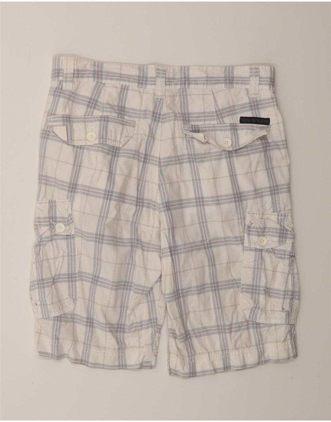 CALVIN KLEIN Mens Cargo Shorts W32 Medium White Check Cotton