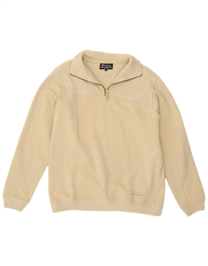 Champion Mens Zip Neck Sweatshirt Jumper Large Beige Cotton