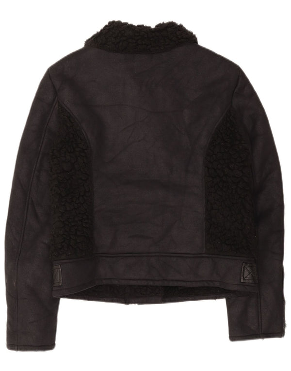 Topshop Womens Sherpa Biker Jacket UK 12 Medium Black Polyester