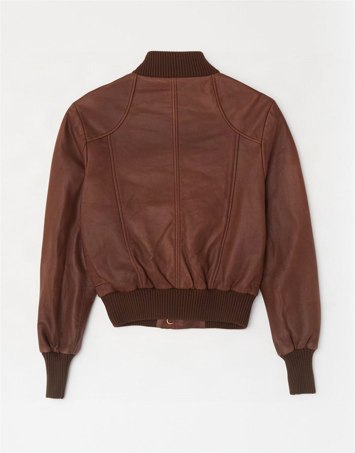 Oasis Womens Crop Leather Jacket UK 6 XS Brown