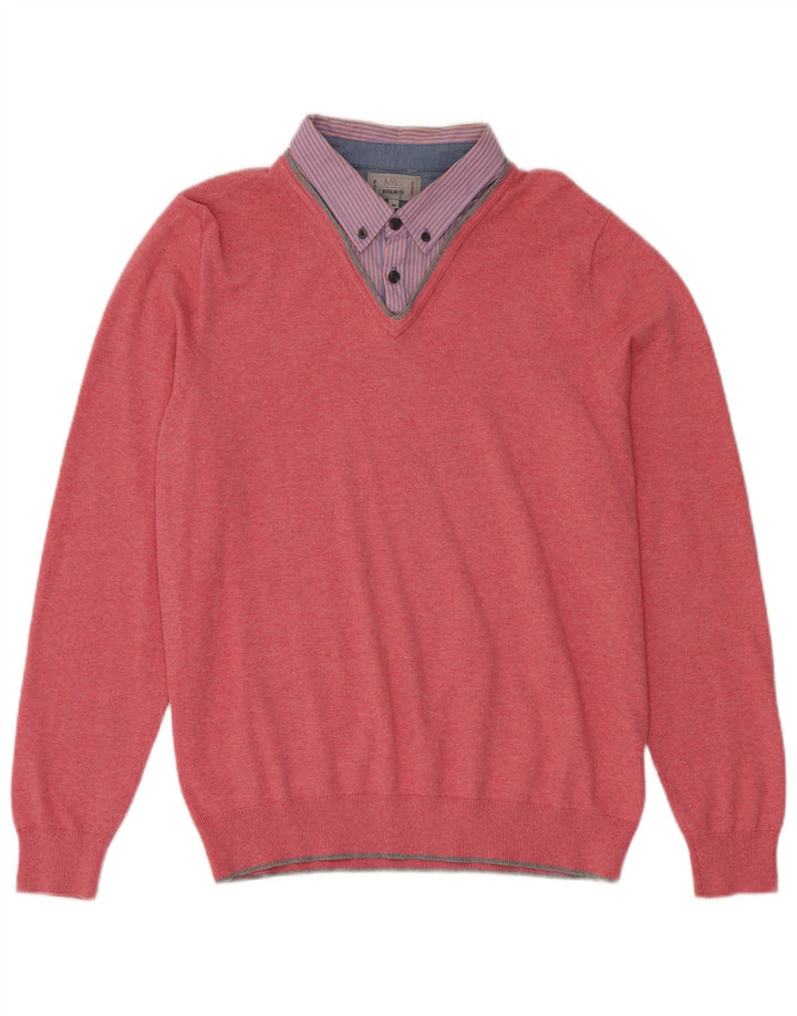 Marks & Spencer Mens Regular Fit V-Neck Jumper Sweater Medium Pink Cotton