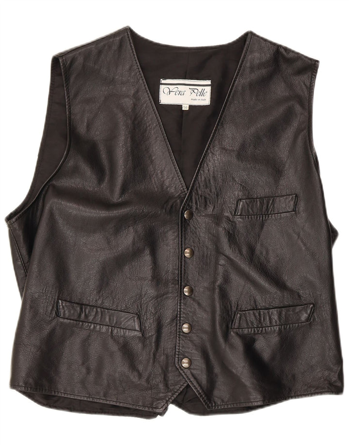 Vintage Mens Leather Waistcoat 3XL Black Leather