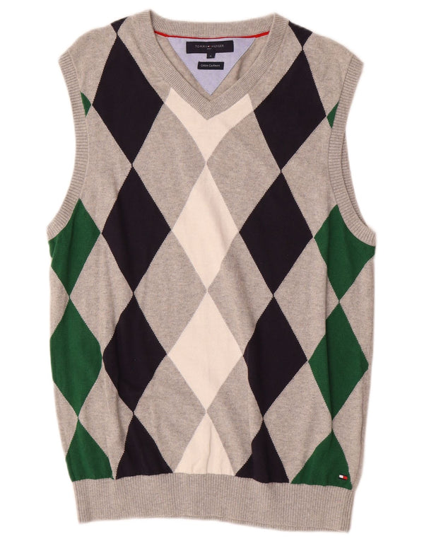 TOMMY HILFIGER Mens Vest Tank Top Medium Grey Argyle/Diamond Cotton