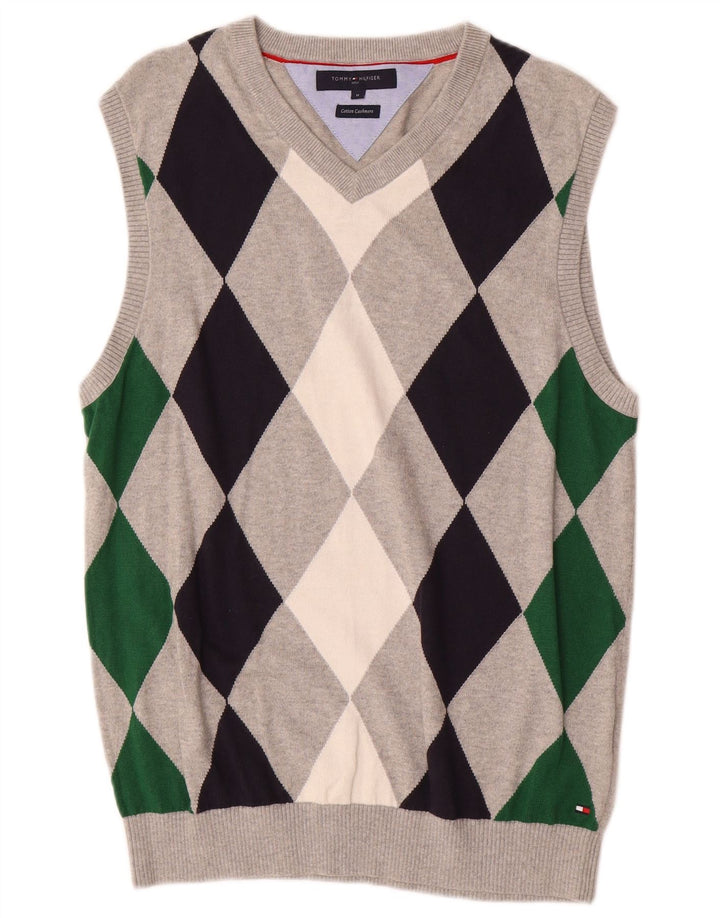 TOMMY HILFIGER Mens Vest Tank Top Medium Grey Argyle/Diamond Cotton