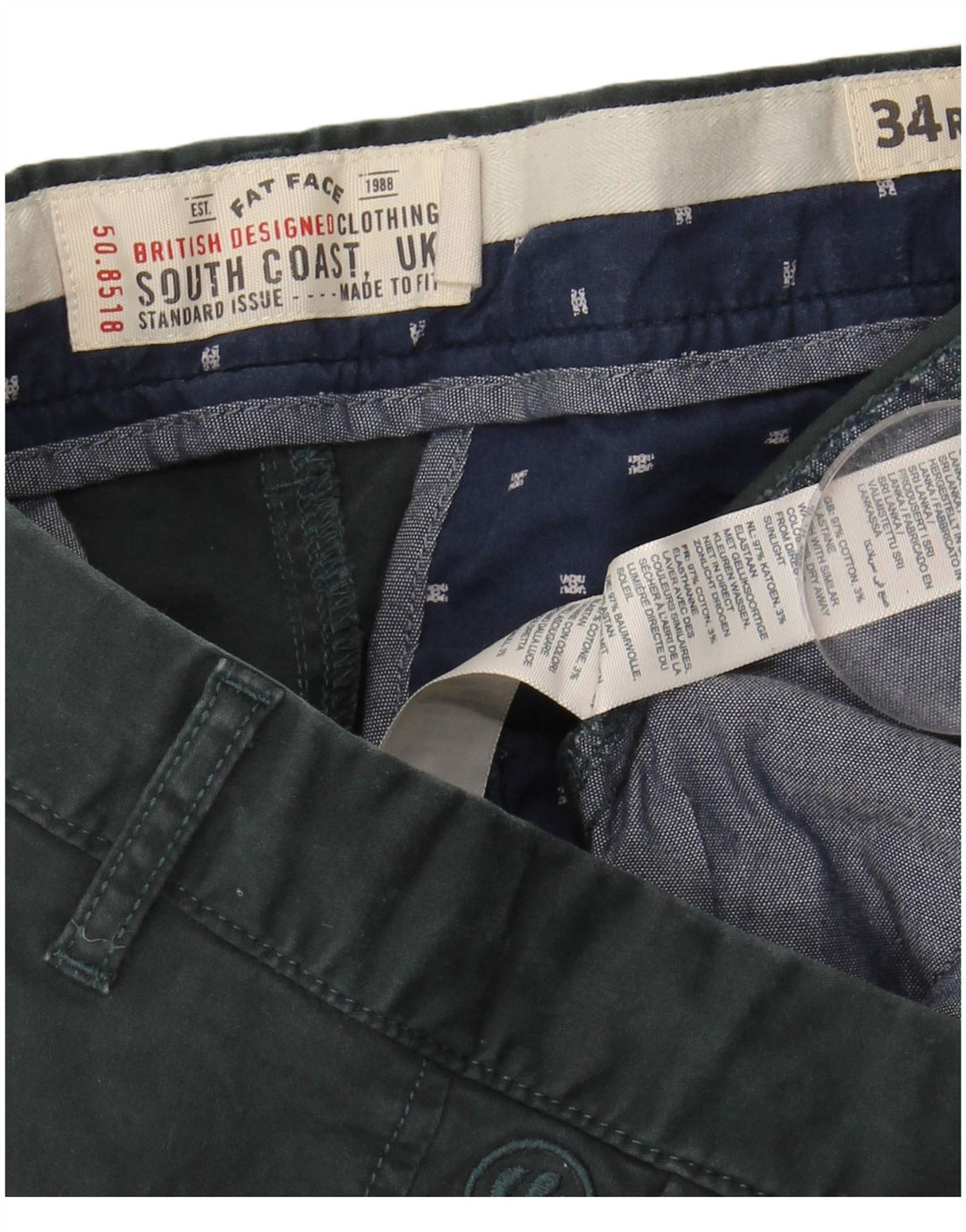 FAT FACE Mens Slim Chino Trousers W34 L30 Green Cotton