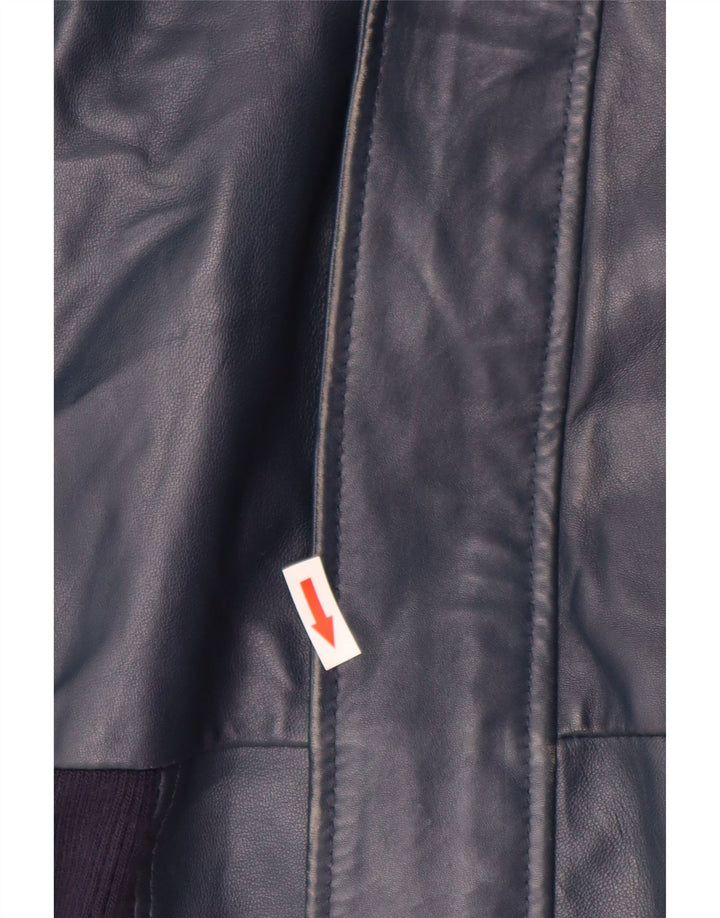 VINTAGE Womens Hooded Leather Jacket UK 14 Large Navy Blue Leather