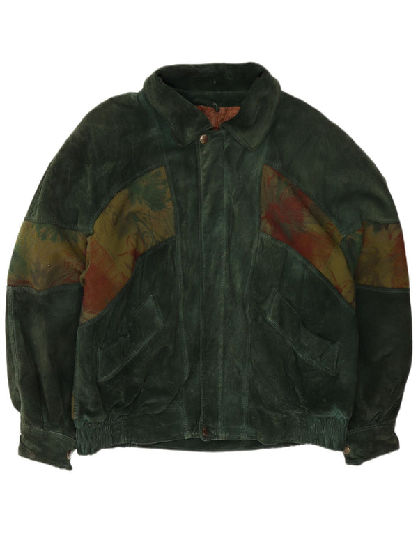 Vintage Mens Abstract Pattern Suede Bomber Jacket IT 50 Large Green Leather