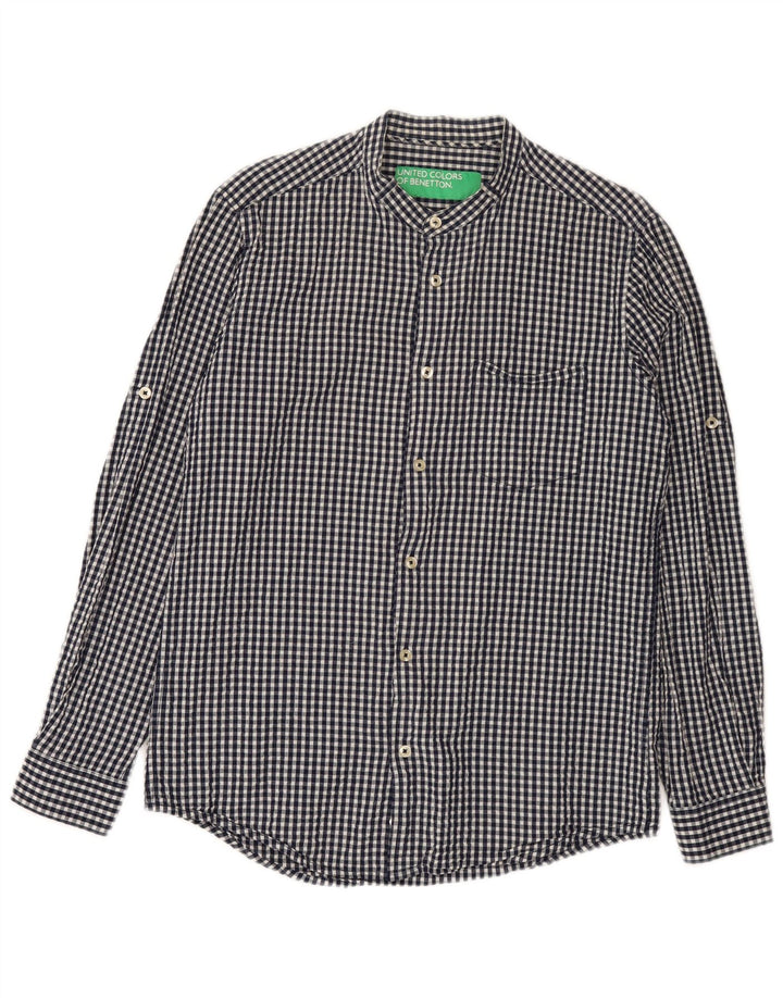 Benetton Mens Shirt Medium Navy Blue Gingham Cotton