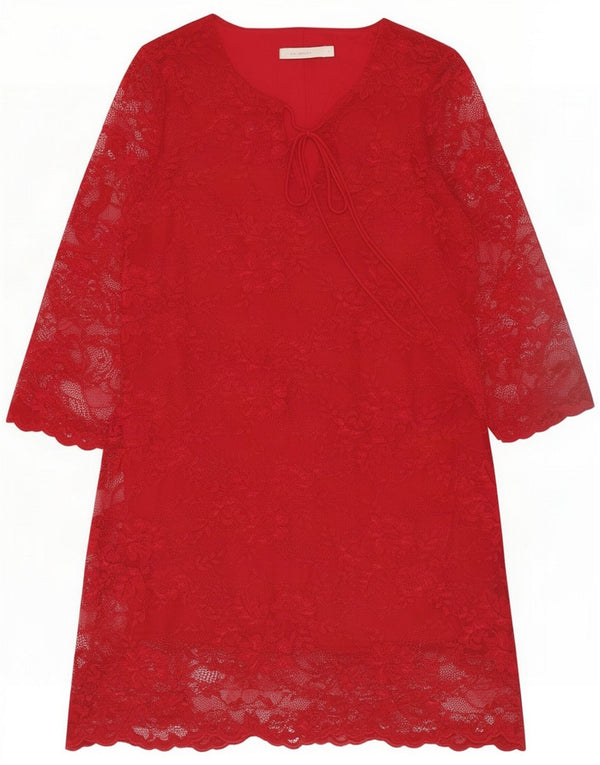 Vintage Womens 3/4 Sleeve Lace A-Line Dress UK 16 Large Red Floral