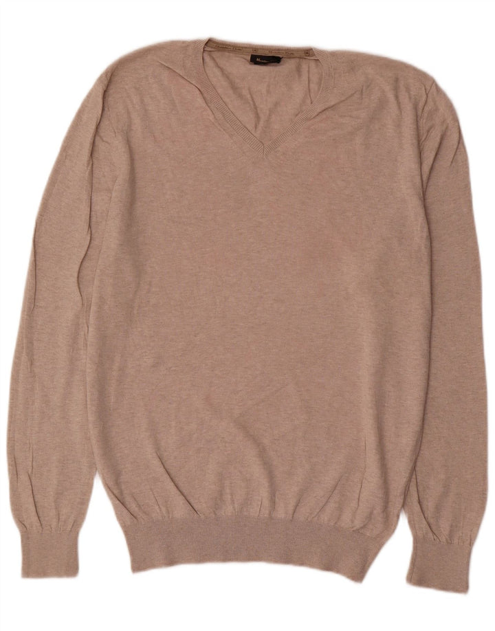 Massimo Dutti Mens V-Neck Jumper Sweater Large Beige Cotton
