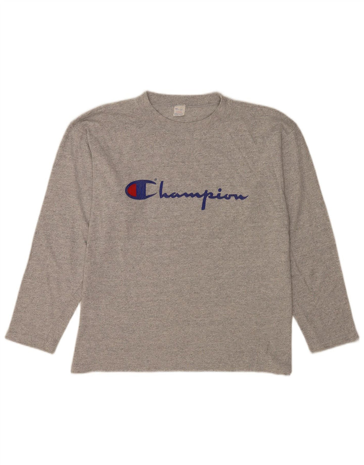 Champion Mens Graphic Top Long Sleeve Large Grey Flecked Cotton