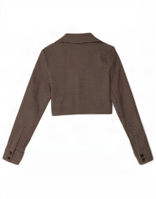 Zara Womens Crop Shirt Blouse UK 6 XS Brown Houndstooth Polyester
