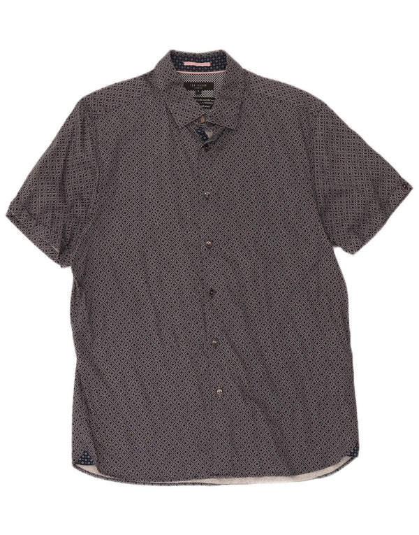 Ted Baker Mens Short Sleeve Shirt Size 4 Large Navy Blue Geometric Cotton