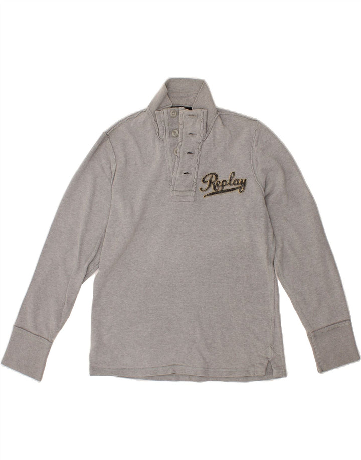 REPLAY Womens Graphic Button Neck Sweatshirt Jumper UK 16 Large Grey Vintage Replay and Second-Hand Replay from Messina Hembry 