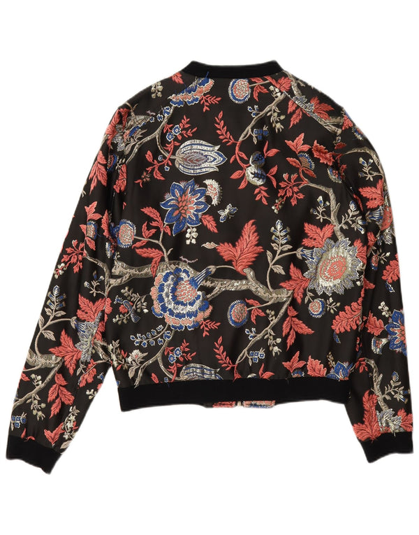 Guess Womens Bomber Jacket UK 6 XS Black Floral Polyester