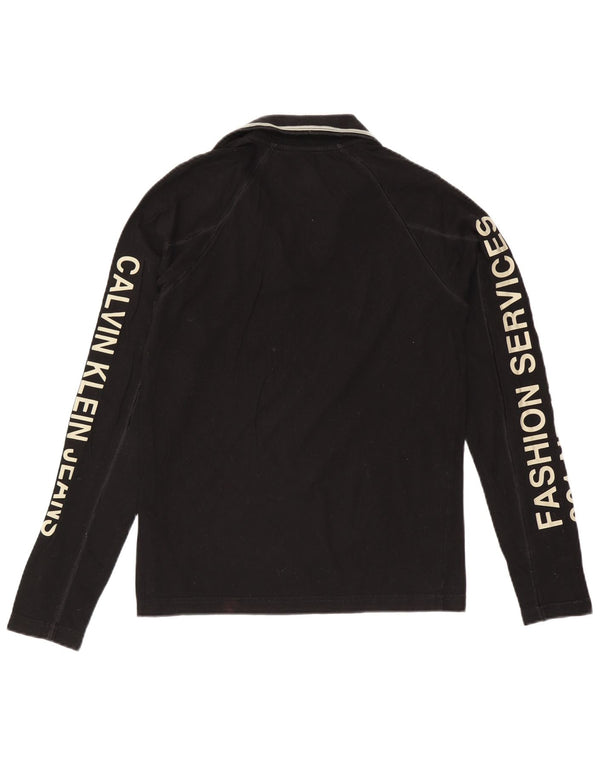 CALVIN KLEIN JEANS Mens Graphic Long Sleeve Polo Shirt Small Black Cotton