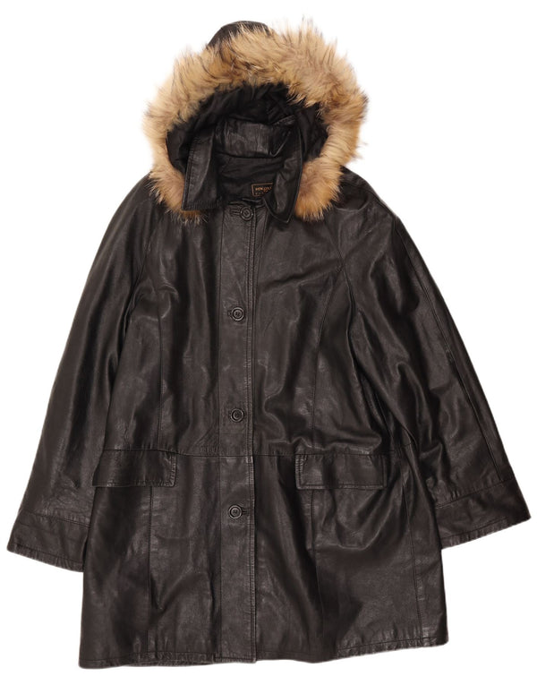 VINTAGE Womens Hooded Leather Coat IT 52 2XL Black Leather