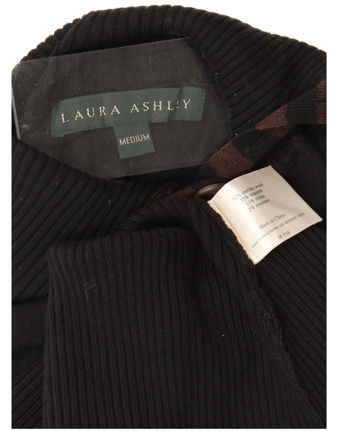 LAURA ASHLEY Womens Button Neck Jumper Sweater UK 12 Medium Black Striped