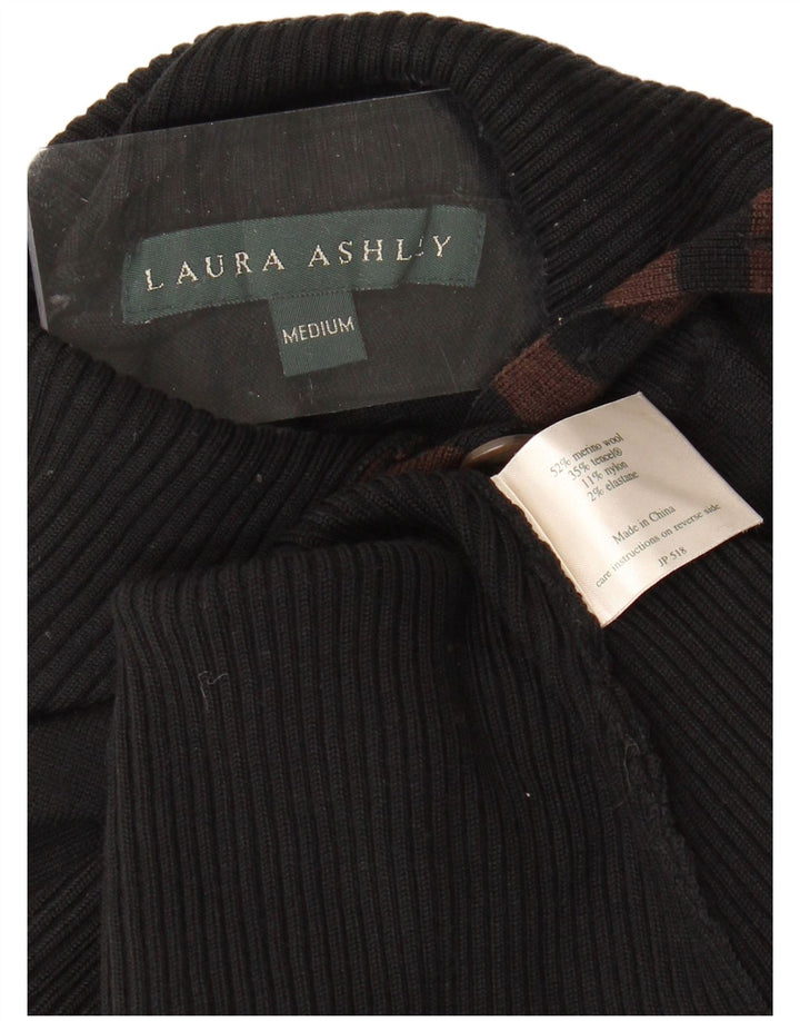 LAURA ASHLEY Womens Button Neck Jumper Sweater UK 12 Medium Black Striped