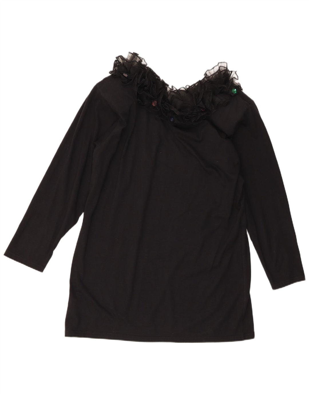 Vintage Womens Ruffle Front Long Sleeve Tunic Top UK 16 Large Black Cotton