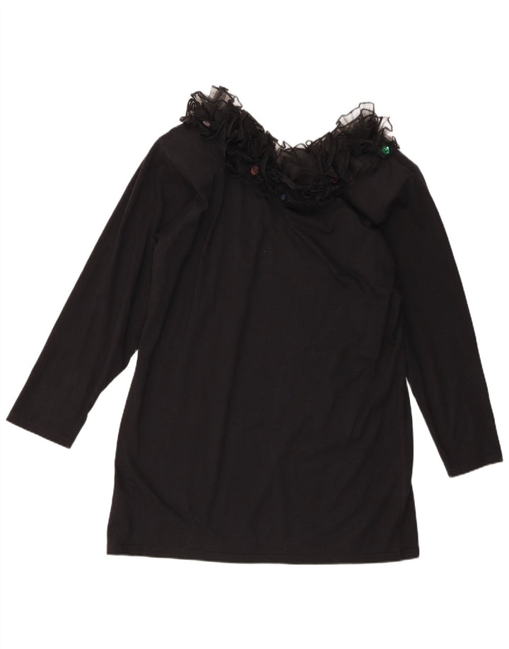 Vintage Womens Ruffle Front Long Sleeve Tunic Top UK 16 Large Black Cotton