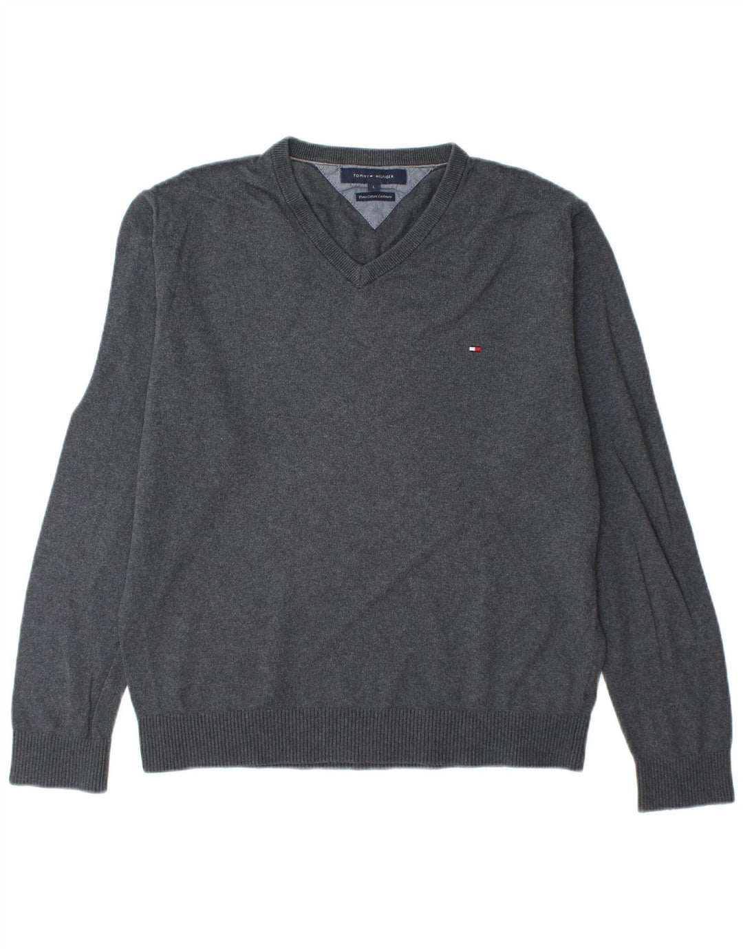 TOMMY HILFIGER Mens V-Neck Jumper Sweater Large Grey Cotton