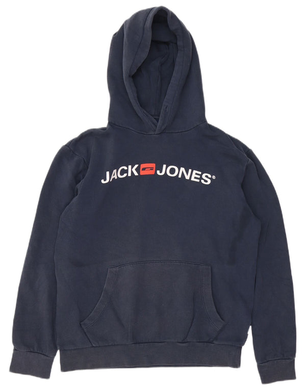 JACK & JONES Mens Graphic Hoodie Jumper Medium Navy Blue Cotton