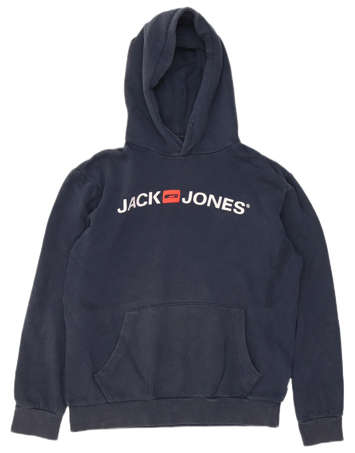 JACK & JONES Mens Graphic Hoodie Jumper Medium Navy Blue Cotton